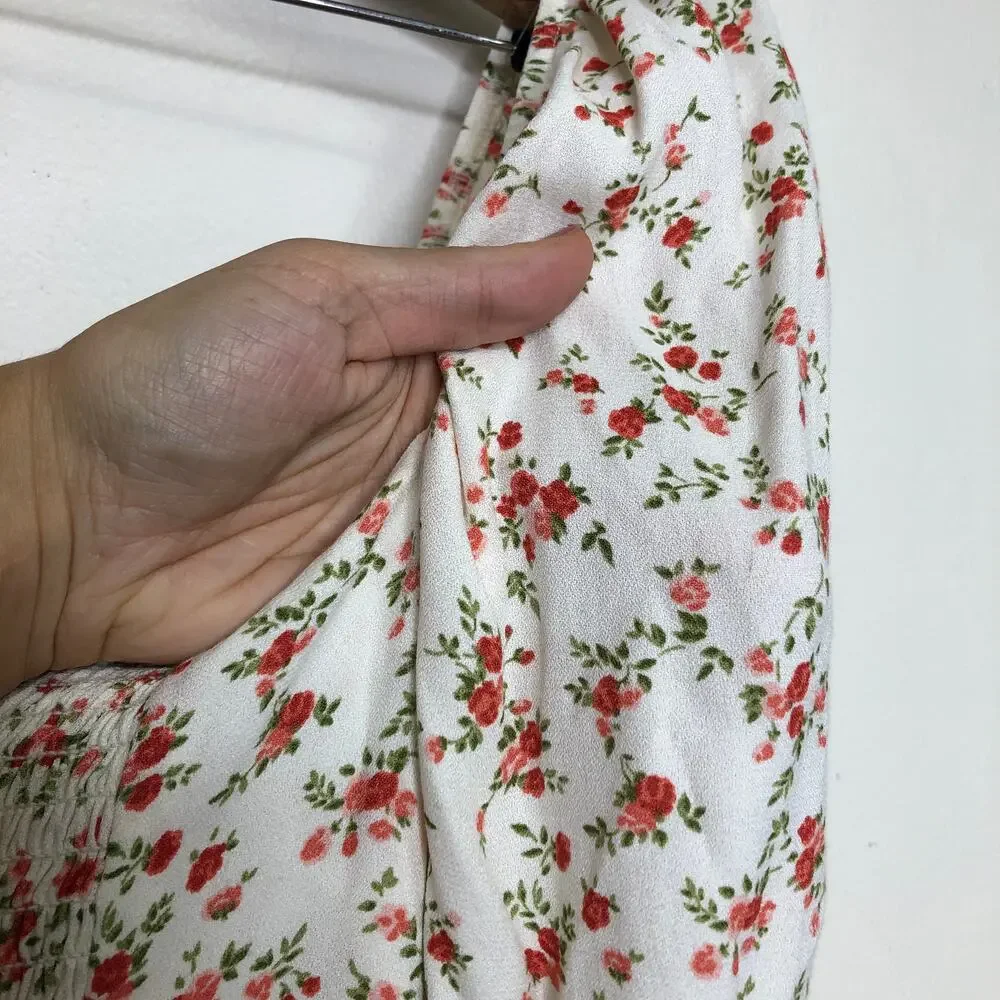 Reformation Cera Top White Red Floral Long Sleeve Button Front Sweetheart Neck 8